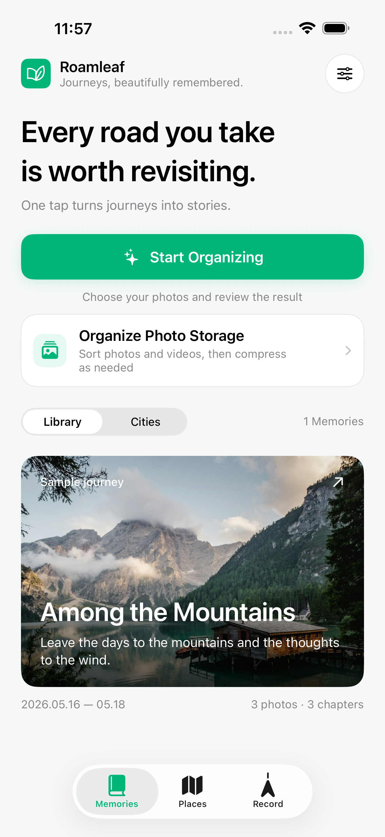 Roamleaf Memories screen on iPhone