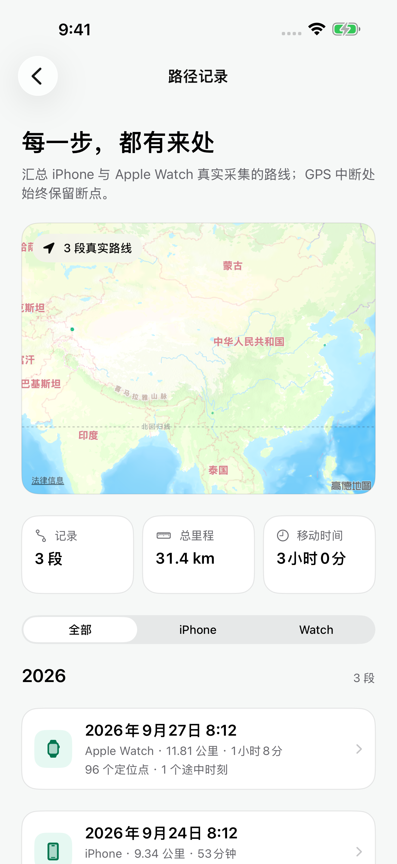 旅迹步行记录历史,展示路线、日期与步行细节