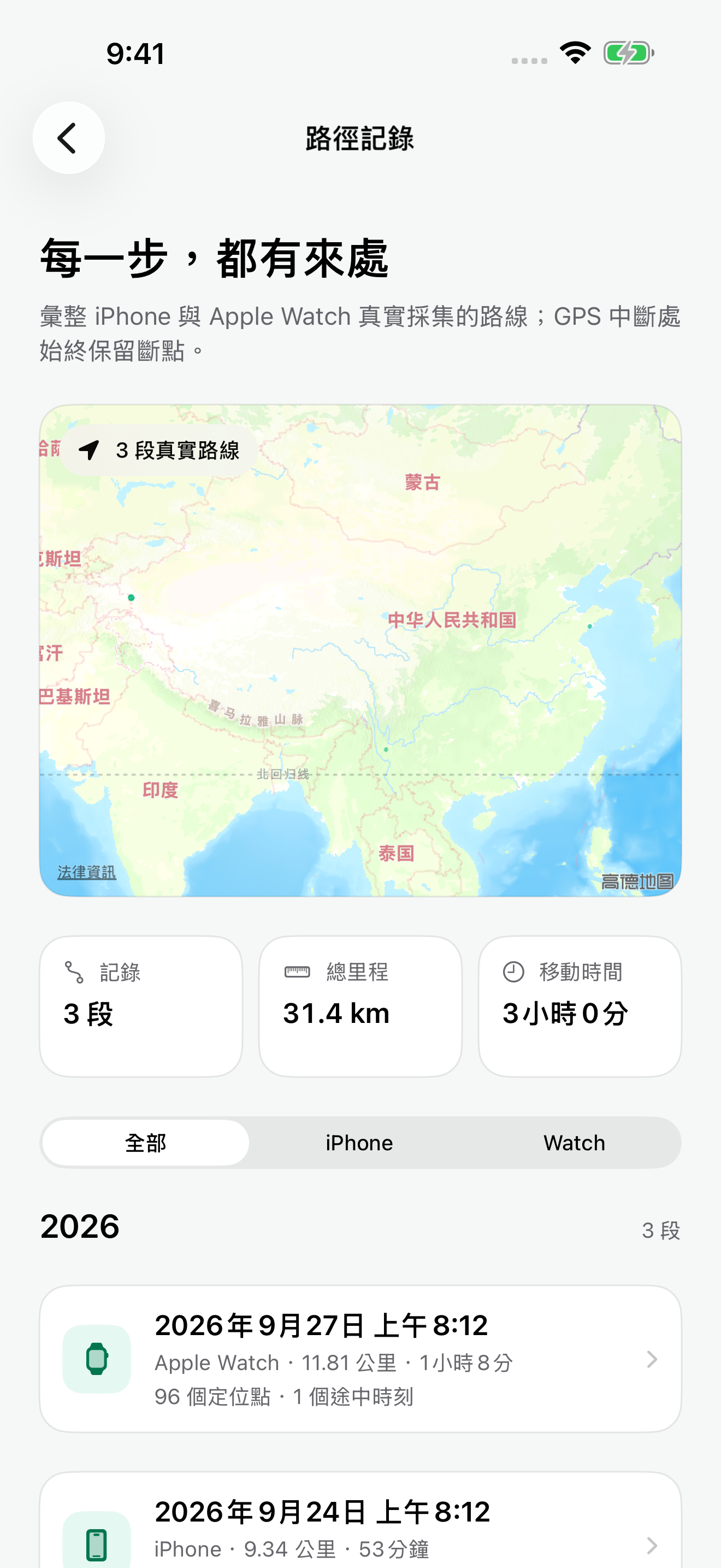 旅跡步行記錄歷史,展示路線、日期與步行細節